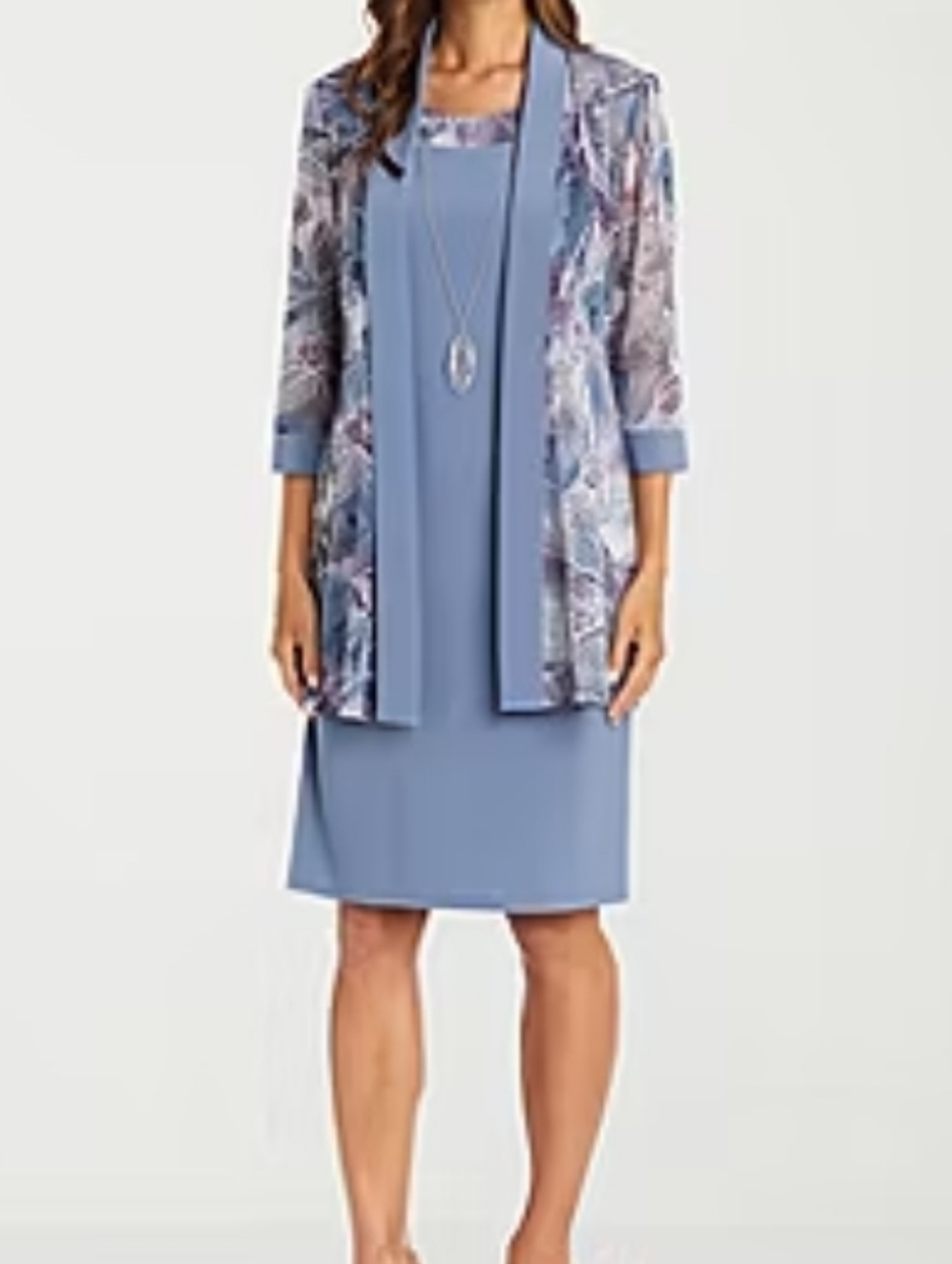 Steel Blue Two-Piece Dress Set w/ Printed Jacket 14- Petite' Removeable Necklace